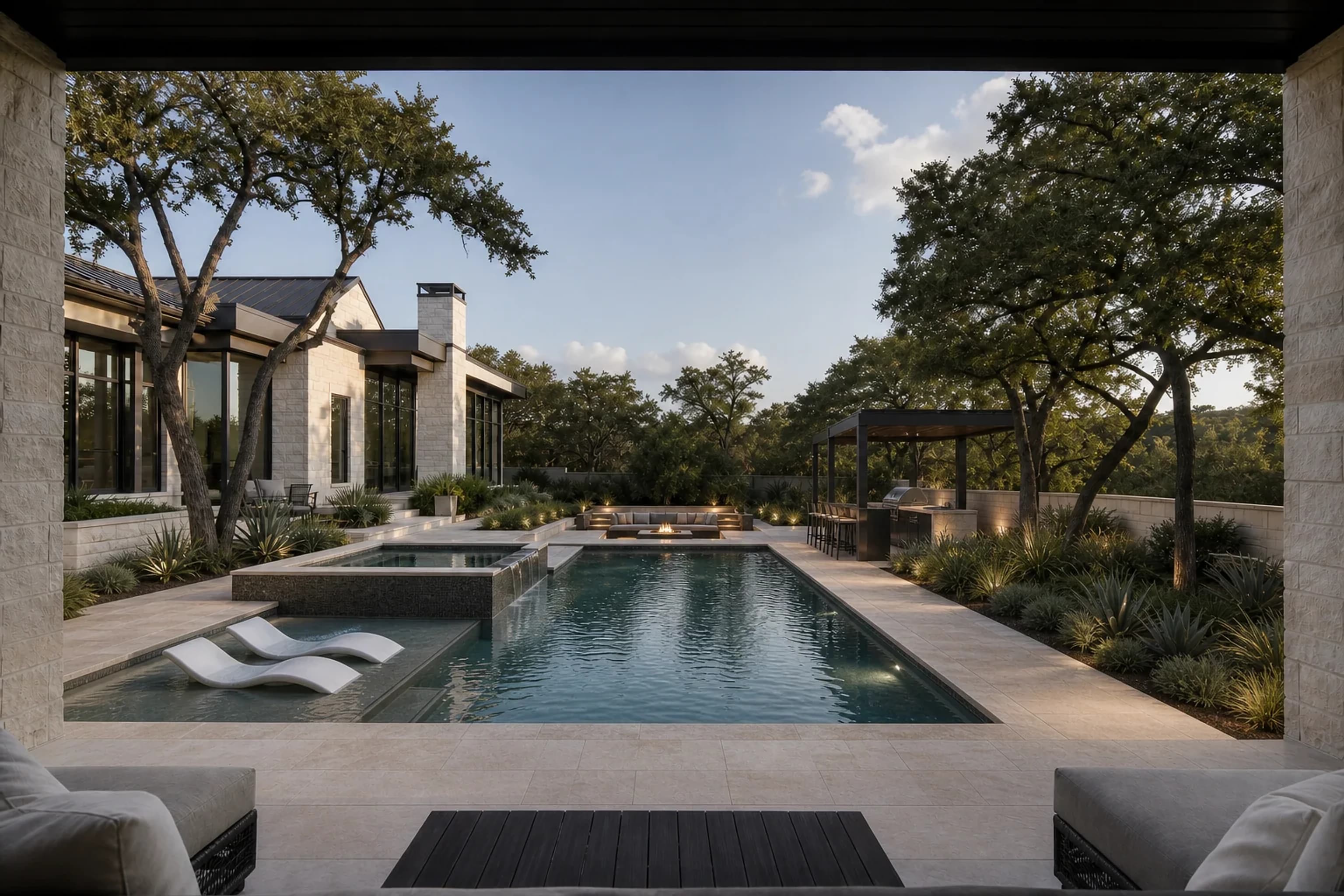 The same estate with a rendered pool, spa and deck concept